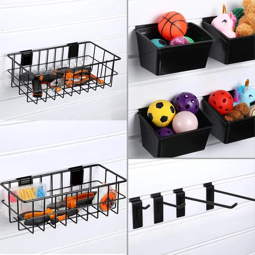 Miniatura 4 de Barydat El juego de 35 accesorios de Slatwall incluye 4 cestas de Slatwall, 6 contenedores de almacenamiento y 25 ganchos montados para colgar Negro