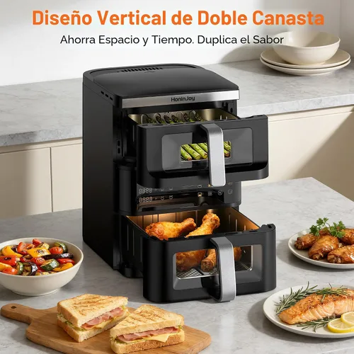 Miniatura 2 de Freidoras de aire de doble canasta de 13 cuartos de galón, compactas verticales grandes con ventana de visualización y luz independiente, preajustes