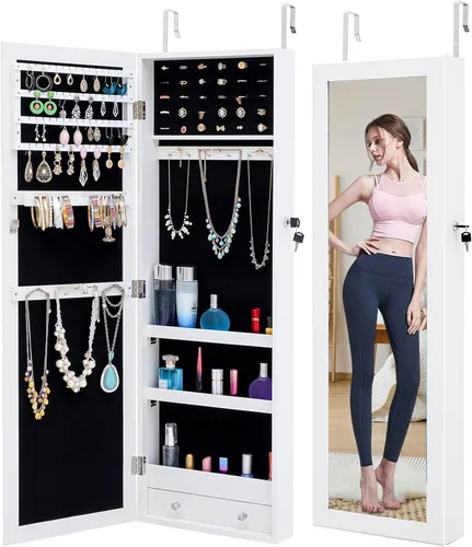 VUMALL Armario de joyería con espejo 2 en 1 con cerradura con espejo de cuerpo completo, 2 cajones, almacenamiento de maquillaje montado en la pared