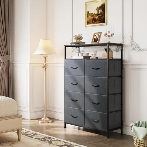 Miniatura 2 de WLIVE Cómoda de tela para dormitorio con estantes abiertos, cómoda alta con 8 cajones, torre de almacenamiento con cubos de tela, cómoda para Gris