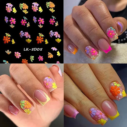 Miniatura 2 de Calcomanías de arte de uñas de flores, holográficas 5D en relieve de flores en relieve de corazón, calcomanías autoadhesivas para uñas, decoración