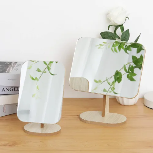 Miniatura 8 de Espejo de maquillaje de tocador para escritorio con soporte de madera, rotación de 90° de una sola cara, espejo de mesa portátil para maquillaje