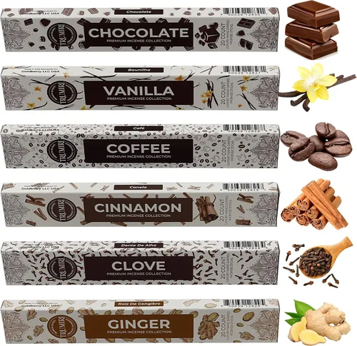 Miniatura 4 de Paquete variado de varitas de incienso gourmet - 120 varillas (6 fragancias x 20 varillas) - Canela, Vainilla, Café, Chocolate - Varillas