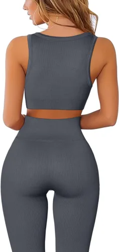 Miniatura 2 de QINSEN Conjuntos de entrenamiento para mujer, 2 piezas, acanalados, sin costuras, sin mangas, cintura alta, leggings de yoga