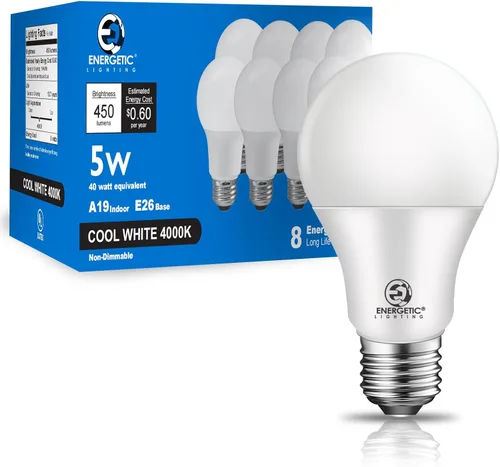 Miniatura 14 de Bombilla LED A19 equivalente a 40 W, luz diurna de 5000 K (blanco natural), base estándar E26, no regulable, 450 lm, certificación ETL, paquete de 4
