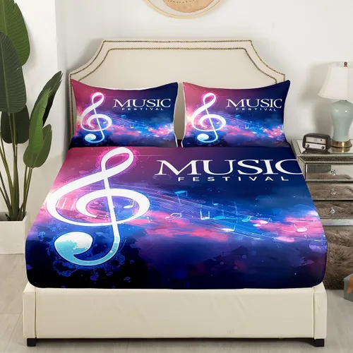 Miniatura 2 de Juego de ropa de cama ajustable con diseño de notas musicales rojo y azul, juego de sábanas para niños, mujeres y hombres, decoración de habitación