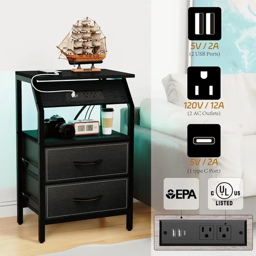 Miniatura 8 de SZLHANJZ Mesa auxiliar con luz, mesita de noche LED con 2 cajones y estación de carga tipo C, mesita de noche de tela pequeña para mesita de noche