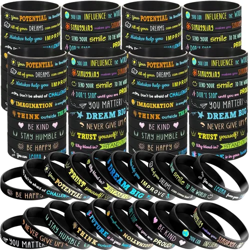 Bucherry 120 pulseras de silicona motivacionales a granel inspiradoras de goma unisex con citas positivas para estudiantes, profesores, aula, Negro