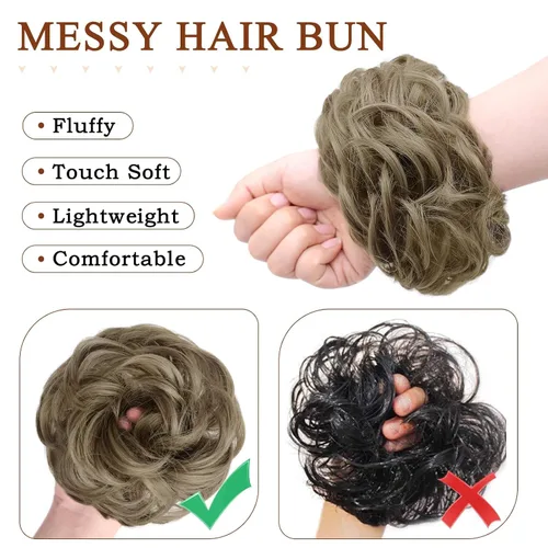 Miniatura 4 de MORICA - 1 pieza de extensiones de cabello sintético tipo moño desordenado, rizado y ondulado para mujeres (rubio cenizo y rubio más claro)