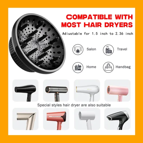 Miniatura 6 de BLOLYO - Difusor universal para secador de pelo, accesorio de boquilla ajustable de 1.5 a 2.36 pulgadas para cabello rizado y ondulado natural, Negro