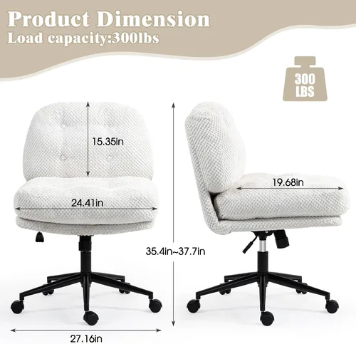 Miniatura 2 de Silla cruzada con ruedas más anchas y gruesas, silla de oficina con patas cruzadas, cómoda, ajustable, giratoria, color blanco
