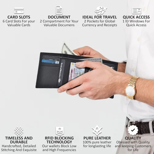 Miniatura 6 de Carteras RFID delgadas para hombre, billetera triple con bolsillo frontal de cuero genuino, Cartera RFID