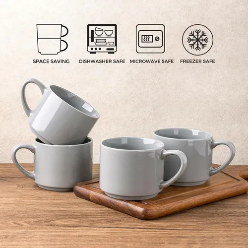 Miniatura 6 de GBHOME Juego de 6 tazas de cerámica apilables de 14 onzas, tazas de café modernas para bebidas calientes, color gris, 14 onzas líquidas, 6
