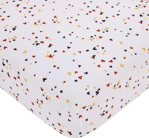 Todo para Niños Disney Mickey Mouse - Sábana Bajera Ajustable para Cuna de Confeti de Mickey, Colores Rojo, Amarillo, Negro y Blanco