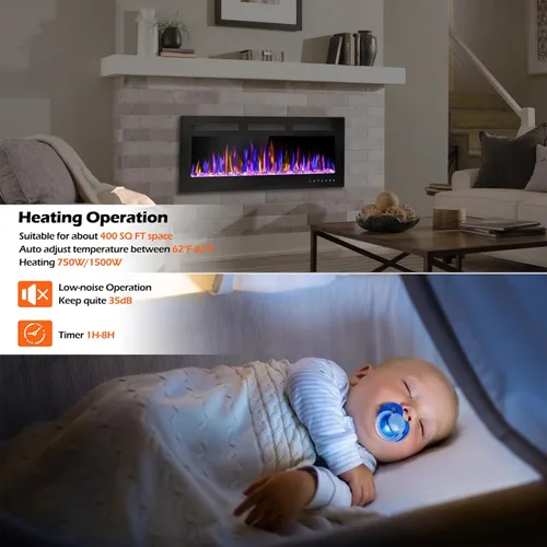 Miniatura 6 de BETELNUT Chimenea eléctrica de 40 pulgadas montada en la pared y empotrada con control remoto, calentador de chimenea de pared ultrafino de 750/1500
