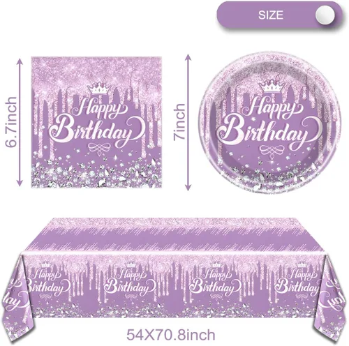 Miniatura 2 de Juego de vajilla para fiesta color morado, tema de Feliz Cumpleaños morado, 20 platos y 20 servilletas y manteles de 71'' x 42'' para niñas