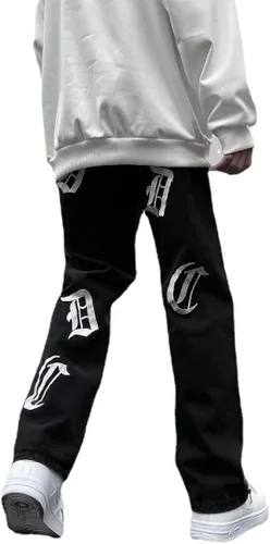 Pantalones de mezclilla de pierna recta bordados con letras para hombre, sueltos, retro, casuales, de pierna ancha, pantalones de calle para hombre