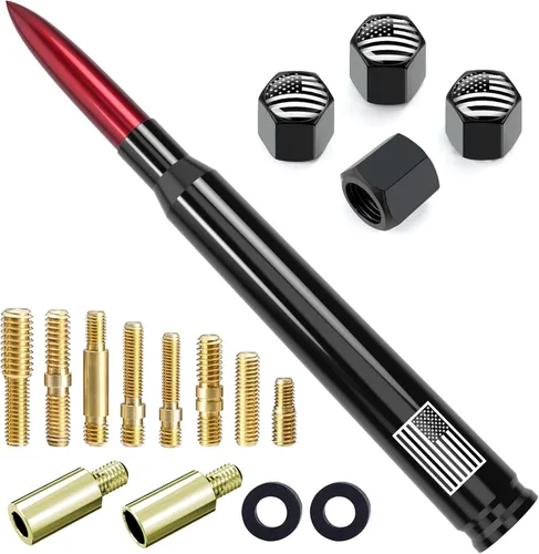 Miniatura 29 de Antena de camión para automóvil con tapas de válvula de neumáticos, bandera estadounidense, repuesto corto universal para GMC Sierra, Chevy, Negro