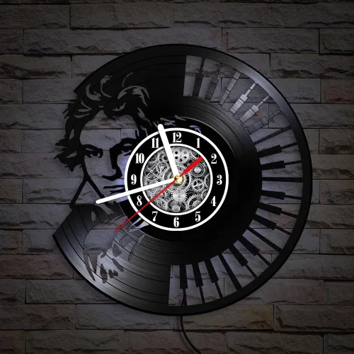 Miniatura 5 de The Geeky Days Ludwig Van Beethoven - Reloj de pared con disco de vinilo LED, 7 colores de luz, 12 pulgadas, teclado de piano de cuarzo silencioso