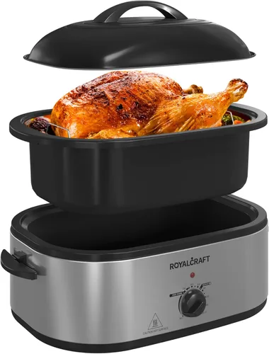 Horno tostador Royalcraft con tapa autobásica, asador eléctrico de 18 cuartos con bandeja y parrilla extraíbles, horno tostador de pavo con función
