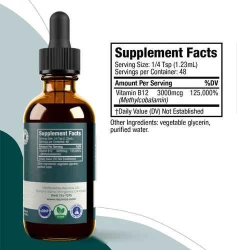 Miniatura 7 de Rejuvica Health Suplemento líquido activo B-12 B12, apoya la energía y un sistema nervioso saludable - Práctico gotero líquido que absorbe
