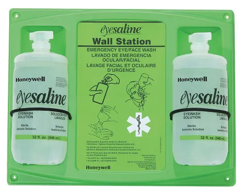 Honeywell HON32-000462-0000 Fend-all Estación de pared de lavado de ojos estéril Eyesaline Sperian de doble botella de 32 oz, inglés, volumen de