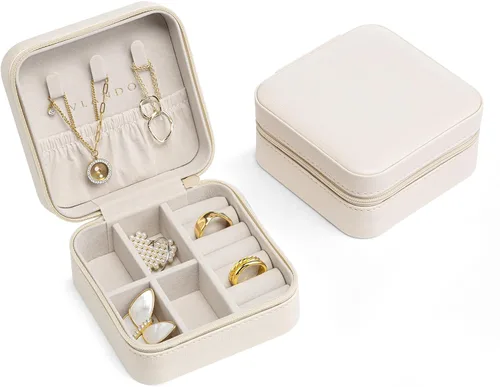 Miniatura 5 de Vlando Pequeño joyero de viaje organizador para niñas y mujeres, regalo anillos, aretes, collares, almacenamiento, color beige
