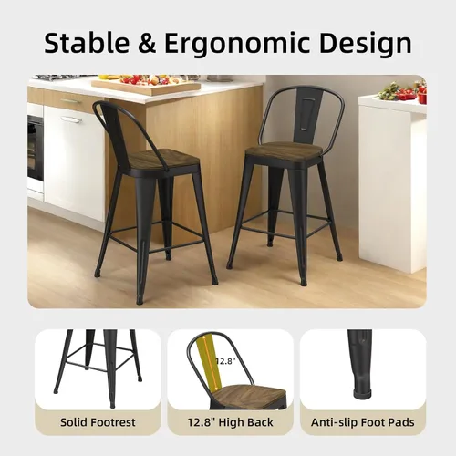 Miniatura 4 de Juego de 4 taburetes de bar de metal, taburetes de bar con respaldo alto con asiento de madera, taburetes de bar negros de 24 pulgadas para isla