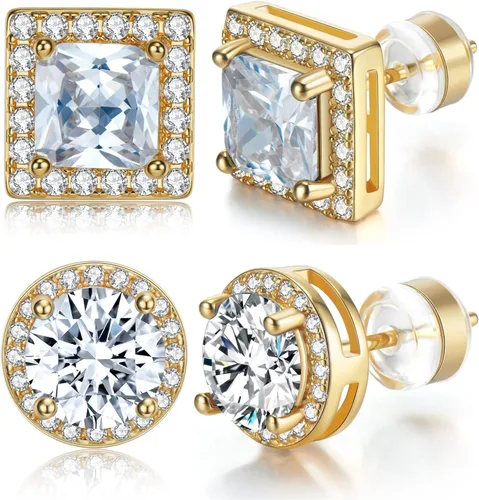 Aretes tipo dormilona para mujeres y hombres, 2 pares de plata de ley, chapados en oro, redondos, corte princesa, multicolores, circonita cúbica,