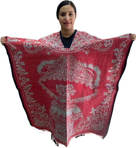 Rojo y gris poncho Catrina poncho CALENDARIO Azteca poncho tradicional hecho en México Día de la Muerte unisex talla única diámetro de Muertos 2 de