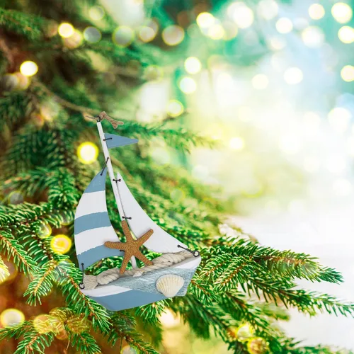 Miniatura 2 de Needzo Adorno grande para árbol de Navidad costero de velero, decoración colgante en forma de barco con estrellas de mar, conchas y cuerda (azul)