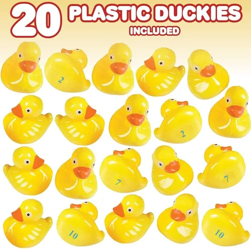 Miniatura 5 de Gamie Juego de juego de estanque de patos y dardos para niños, incluye 20 patos de plástico con números y piscina inflable de 3 x 6 pulgadas e