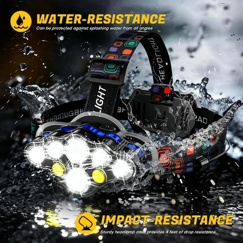 Miniatura 5 de MIOISY - Linterna recargable para cabeza, 8 luces LED súper brillantes, lámpara de cabeza con luz roja y blanca, resistente al agua IPX4, 8 modos