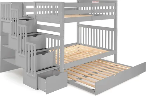 Miniatura 6 de Bedz King Literas de escalera de tamaño matrimonial sobre matrimonial con 4 cajones en los escalones y un nido completo, color gris Cerezo oscuro
