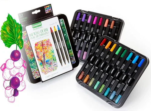 Crayola - Marcadores de doble punta para bocetos y detalles (16 unidades), set para colorear para adultos, 32 colores, marcadores de arte de punta