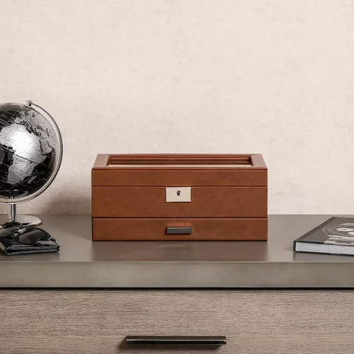 Miniatura 8 de ROTHWELL Caja de reloj de cuero de 10 ranuras con cajón de valet, organizador de exhibición de lujo con forro de microgamuza ultrasuave, soporte