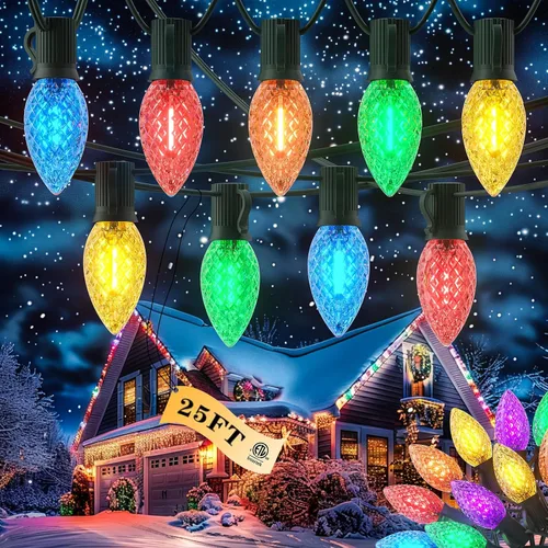 Kawaya Luces de Cadena LED C9 de Navidad para Exteriores - 25 pies 25 Bombillas Multicolor Decoraciones de Interiores, IP65 Comercial Impermeable