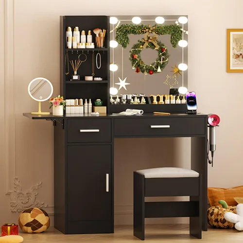 Miniatura 9 de ERLEJIA Escritorio de tocador con espejo y luces, escritorio de maquillaje de 43.3 pulgadas con taburete y toma de corriente, 5 cajones y estantes