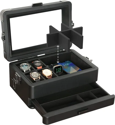 CASE ELEGANCE Black Edition - Caja de reloj militar con 10 ranuras para hombres, parte superior de cristal real, bandeja modular de valet,
