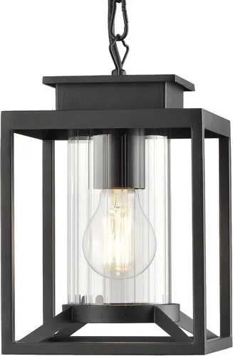 Lámpara colgante exterior para porche, luz colgante negra de 1 luz, lámpara colgante exterior moderna con vidrio cilíndrico y cadena ajustable para