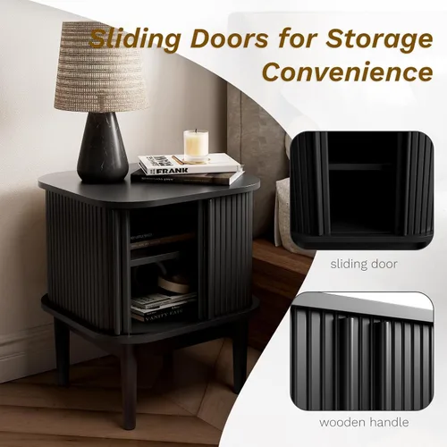 Miniatura 6 de Juego de 2 mesitas de noche estriadas con puertas correderas, moderna mesita de noche con patas de madera maciza, mesita de noche de madera