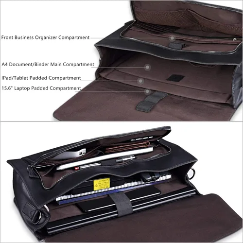 Miniatura 6 de ESTARER Portafolio de cuero para hombres de 15.6 pulgadas, bolsa para computadora portátil para oficina/negocios/viajes, bolsa de hombro grande