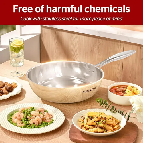 Miniatura 9 de Sunhouse Sartén de acero inoxidable 18/10 de 8 pulgadas, 3 capas revestidas sin revestimientos, sartén con mango Stay Cool, apto para horno