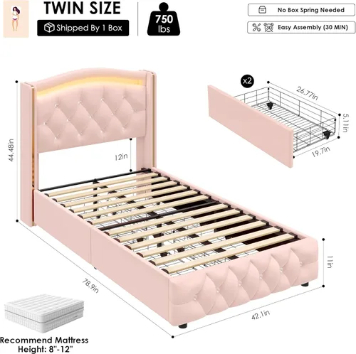 Miniatura 2 de Hifit Base de cama LED, tamaño individual, cabecera capitoné con botones de cristal, 4 cajones, moderna, piel sintética, de princesa, para niñas,