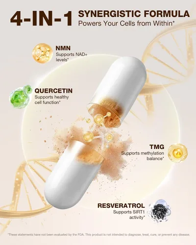 Miniatura 4 de Suplemento NMN 4 en 1 liposomal NMN 1000mg con resveratrol, TMG y quercetina, apoya la energía celular y el nivel de NAD+, alternativa NMNH