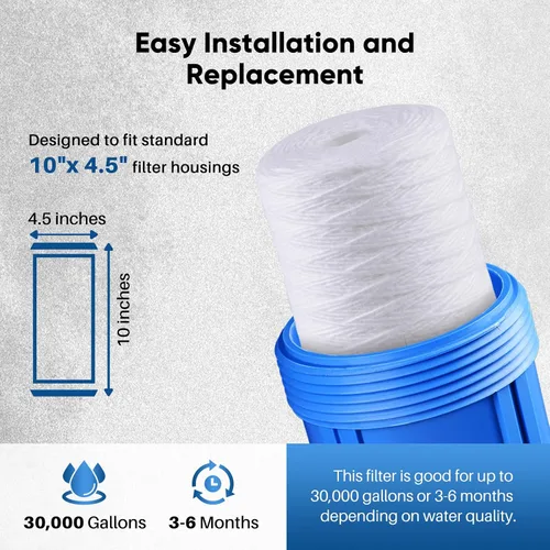 Miniatura 7 de PUREPLUS Filtro de sedimentos para heridas de cuerda para toda la casa de 5 micrones, 10 x 4.5 para agua de pozo, cartucho de repuesto para 84637