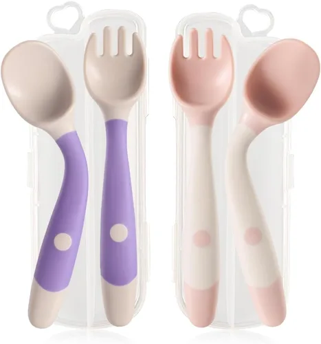 Miniatura 8 de Utensilios para bebé, cucharas y tenedores, cubiertos de autoalimentación flexibles para niños pequeños con estuche de viaje, apto para encías