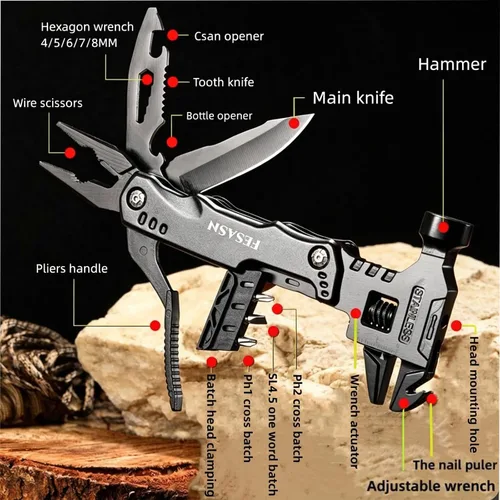 Miniatura 4 de Martillo multiherramienta con llave ajustable Fesasn, 16 en 1 Pocket Multi Tool Pliers, Stainless Steel, Survival Camping Multi Tool, Home DIY &