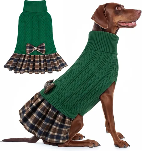 Miniatura 21 de KYEESE Suéter de punto grueso para perro, vestido de suéter para mascotas con corbatín, abrigos elásticos para mascotas, suéter suave para perros
