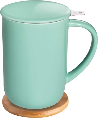 CEEFU Taza de Té de Porcelana con Infusor y Tapa, Tetera con Filtro y Posavasos, Taza de Té de Hojas Sueltas Infusor Preparador, 16 OZ para Verde